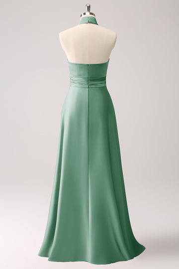 Vestido de dama de honor de satén de ojo de cerradura Eucalipto con abertura
